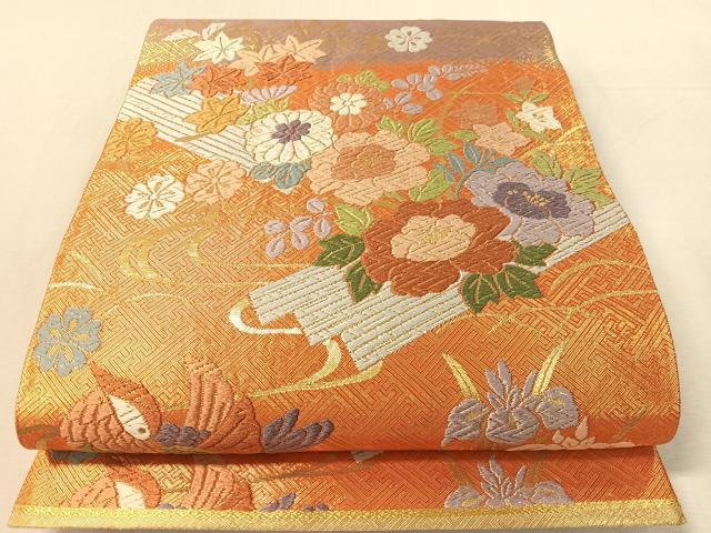 平和屋着物●佐賀錦　六通柄袋帯　唐織　流水鴛鴦花文　金糸　正絹　逸品　CABL0310vp