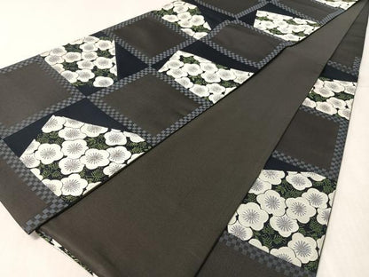 平和屋着物●六通柄袋帯　市松梅文　銀糸　正絹　逸品　CABL0312vp