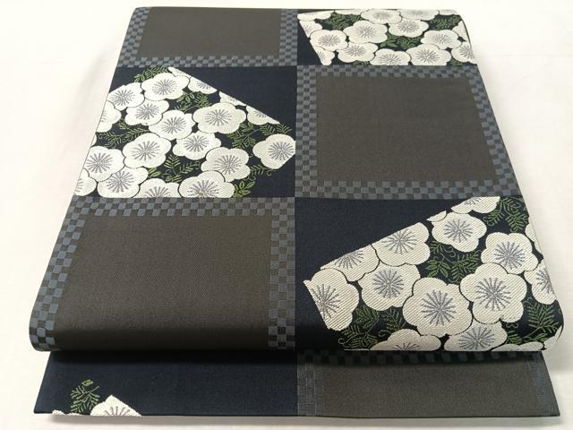 平和屋着物●六通柄袋帯　市松梅文　銀糸　正絹　逸品　CABL0312vp