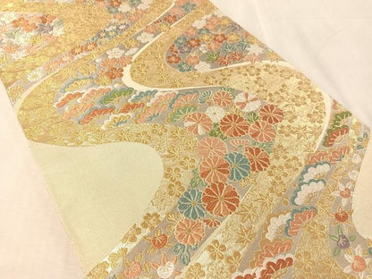 平和屋着物●西陣　服部織物謹製　六通柄袋帯　唐織　流水花松文　金銀糸　正絹　逸品　CABL0316vp