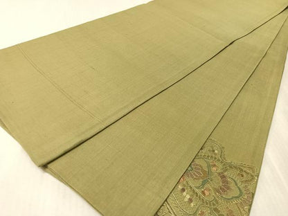 平和屋着物●中国三大刺繍　スワトウ相良刺繍　総刺繍　太鼓柄袋帯　紬地　吉祥花文　鶸茶色　正絹　逸品　CABL0317vp