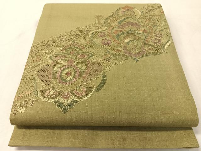 平和屋着物●中国三大刺繍　スワトウ相良刺繍　総刺繍　太鼓柄袋帯　紬地　吉祥花文　鶸茶色　正絹　逸品　CABL0317vp