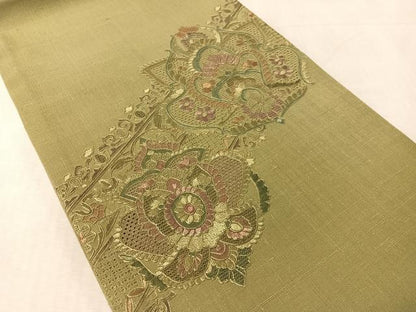 平和屋着物●中国三大刺繍　スワトウ相良刺繍　総刺繍　太鼓柄袋帯　紬地　吉祥花文　鶸茶色　正絹　逸品　CABL0317vp