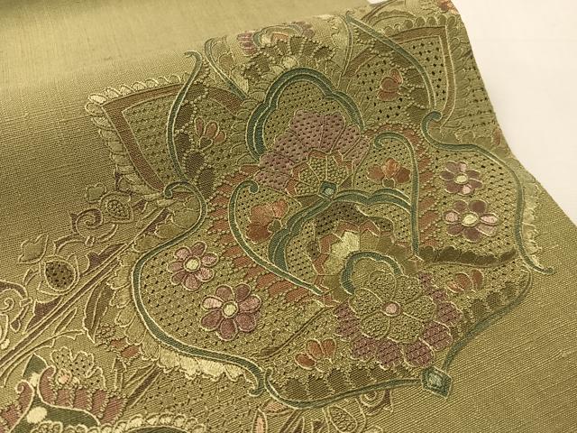 平和屋着物●中国三大刺繍　スワトウ相良刺繍　総刺繍　太鼓柄袋帯　紬地　吉祥花文　鶸茶色　正絹　逸品　CABL0317vp