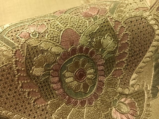 平和屋着物●中国三大刺繍　スワトウ相良刺繍　総刺繍　太鼓柄袋帯　紬地　吉祥花文　鶸茶色　正絹　逸品　CABL0317vp