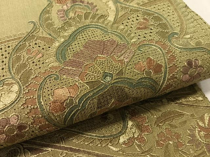 平和屋着物●中国三大刺繍　スワトウ相良刺繍　総刺繍　太鼓柄袋帯　紬地　吉祥花文　鶸茶色　正絹　逸品　CABL0317vp