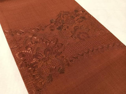 平和屋着物●中国三大刺繍　スワトウ相良刺繍　総刺繍　太鼓柄袋帯　紬地　更紗吉祥文　葡萄茶色　正絹　逸品　未使用　CABL0319vp
