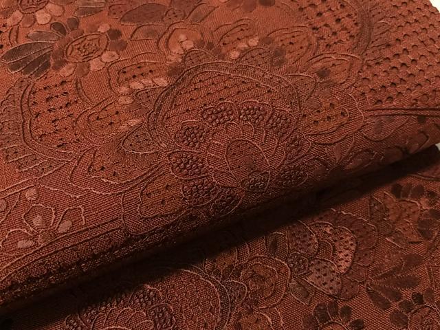 平和屋着物●中国三大刺繍　スワトウ相良刺繍　総刺繍　太鼓柄袋帯　紬地　更紗吉祥文　葡萄茶色　正絹　逸品　未使用　CABL0319vp