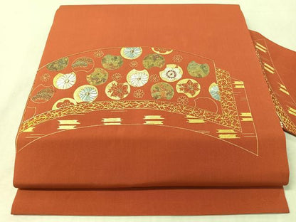 平和屋着物●塩瀬　九寸名古屋帯　駒刺繍　吉祥花丸文　金彩　正絹　逸品　CABL0321vp