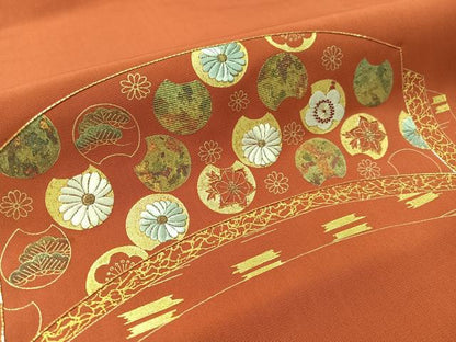 平和屋着物●塩瀬　九寸名古屋帯　駒刺繍　吉祥花丸文　金彩　正絹　逸品　CABL0321vp