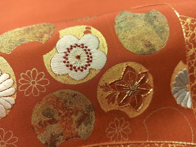 平和屋着物●塩瀬　九寸名古屋帯　駒刺繍　吉祥花丸文　金彩　正絹　逸品　CABL0321vp
