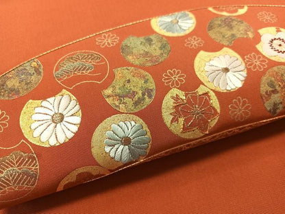 平和屋着物●塩瀬　九寸名古屋帯　駒刺繍　吉祥花丸文　金彩　正絹　逸品　CABL0321vp