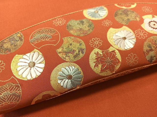 平和屋着物●塩瀬　九寸名古屋帯　駒刺繍　吉祥花丸文　金彩　正絹　逸品　CABL0321vp