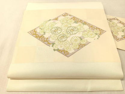 平和屋着物●塩瀬　九寸名古屋帯　駒刺繍　菊花菱文　金彩　正絹　逸品　CABL0323vp