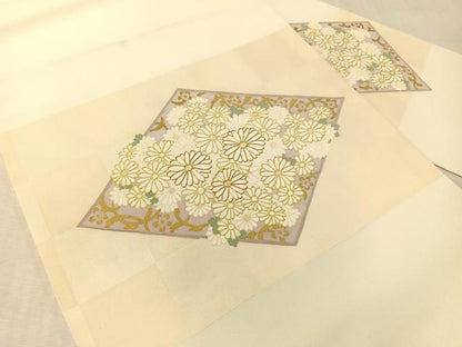 平和屋着物●塩瀬　九寸名古屋帯　駒刺繍　菊花菱文　金彩　正絹　逸品　CABL0323vp