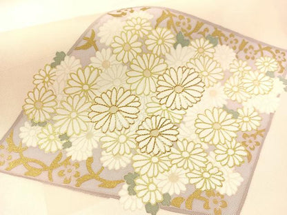平和屋着物●塩瀬　九寸名古屋帯　駒刺繍　菊花菱文　金彩　正絹　逸品　CABL0323vp