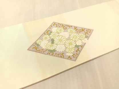平和屋着物●塩瀬　九寸名古屋帯　駒刺繍　菊花菱文　金彩　正絹　逸品　CABL0323vp