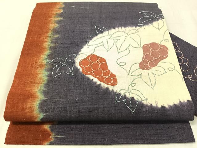 平和屋着物●中国三大刺繍　相良刺繍　九寸名古屋帯　紬地　絞り　葡萄蔦の葉文　正絹　逸品　CABL0329vp