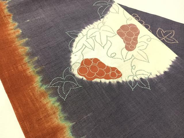 平和屋着物●中国三大刺繍　相良刺繍　九寸名古屋帯　紬地　絞り　葡萄蔦の葉文　正絹　逸品　CABL0329vp