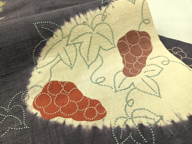 平和屋着物●中国三大刺繍　相良刺繍　九寸名古屋帯　紬地　絞り　葡萄蔦の葉文　正絹　逸品　CABL0329vp