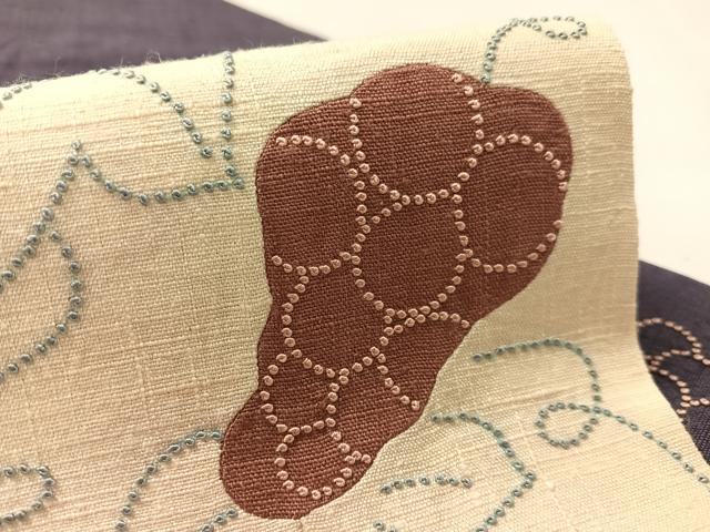平和屋着物●中国三大刺繍　相良刺繍　九寸名古屋帯　紬地　絞り　葡萄蔦の葉文　正絹　逸品　CABL0329vp