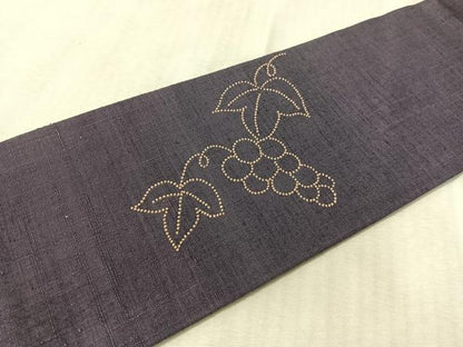 平和屋着物●中国三大刺繍　相良刺繍　九寸名古屋帯　紬地　絞り　葡萄蔦の葉文　正絹　逸品　CABL0329vp