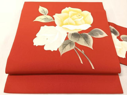 平和屋着物▼塩瀬　九寸名古屋帯　手描き　薔薇　金彩　正絹　逸品　CABL0333vp