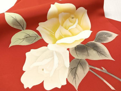 平和屋着物▼塩瀬　九寸名古屋帯　手描き　薔薇　金彩　正絹　逸品　CABL0333vp