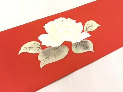 平和屋着物▼塩瀬　九寸名古屋帯　手描き　薔薇　金彩　正絹　逸品　CABL0333vp