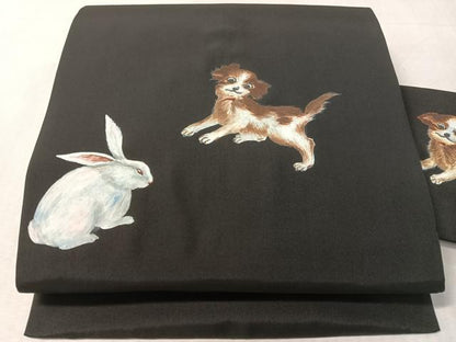 平和屋着物●創作　九寸名古屋帯　手描き　犬　兎　黒地　正絹　逸品　未使用　CABL0341vp