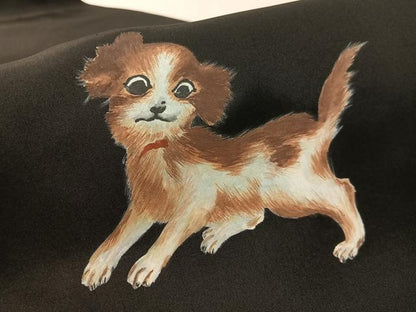 平和屋着物●創作　九寸名古屋帯　手描き　犬　兎　黒地　正絹　逸品　未使用　CABL0341vp