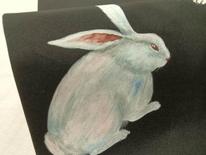 平和屋着物●創作　九寸名古屋帯　手描き　犬　兎　黒地　正絹　逸品　未使用　CABL0341vp