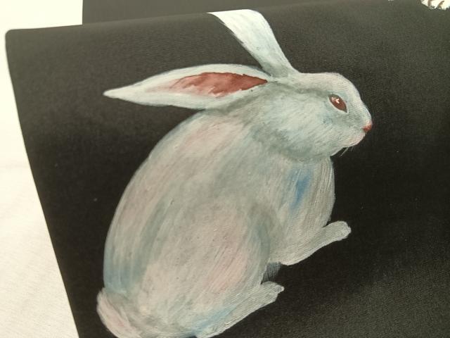 平和屋着物●創作　九寸名古屋帯　手描き　犬　兎　黒地　正絹　逸品　未使用　CABL0341vp