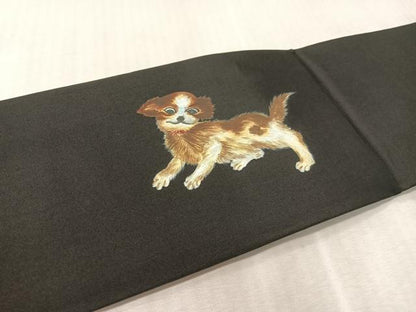 平和屋着物●創作　九寸名古屋帯　手描き　犬　兎　黒地　正絹　逸品　未使用　CABL0341vp