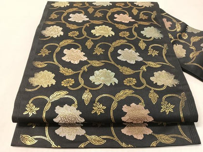 平和屋着物●九寸名古屋帯　牡丹唐草文　金糸　正絹　逸品　CABL0342vp