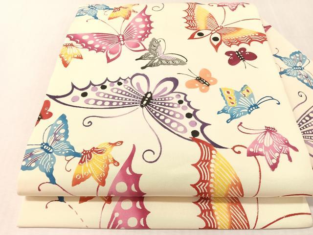 平和屋着物●塩瀬　九寸名古屋帯　本場琉球紅型　舞蝶文　正絹　逸品　CABL0343vp