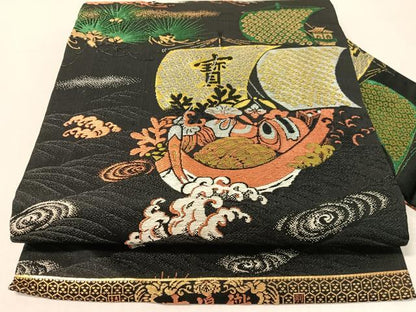 平和屋着物●アンティーク　大正ロマン　九寸名古屋帯　大嶋織　宝船　黒地　金糸　正絹　逸品　CABL0344vp