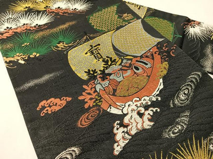 平和屋着物●アンティーク　大正ロマン　九寸名古屋帯　大嶋織　宝船　黒地　金糸　正絹　逸品　CABL0344vp