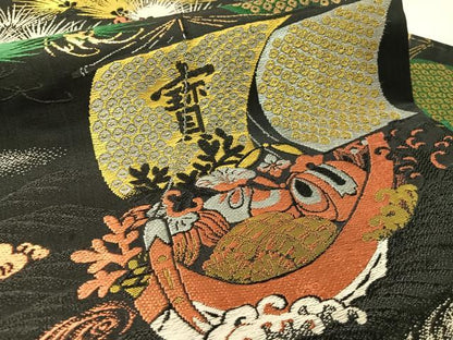 平和屋着物●アンティーク　大正ロマン　九寸名古屋帯　大嶋織　宝船　黒地　金糸　正絹　逸品　CABL0344vp