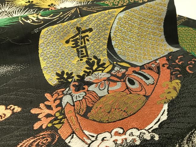 平和屋着物●アンティーク　大正ロマン　九寸名古屋帯　大嶋織　宝船　黒地　金糸　正絹　逸品　CABL0344vp