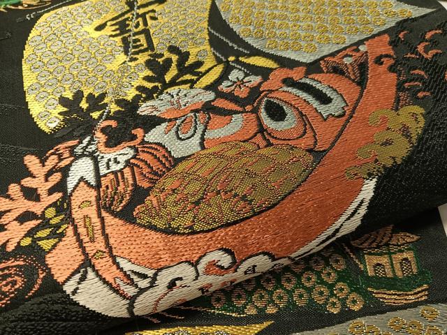 平和屋着物●アンティーク　大正ロマン　九寸名古屋帯　大嶋織　宝船　黒地　金糸　正絹　逸品　CABL0344vp