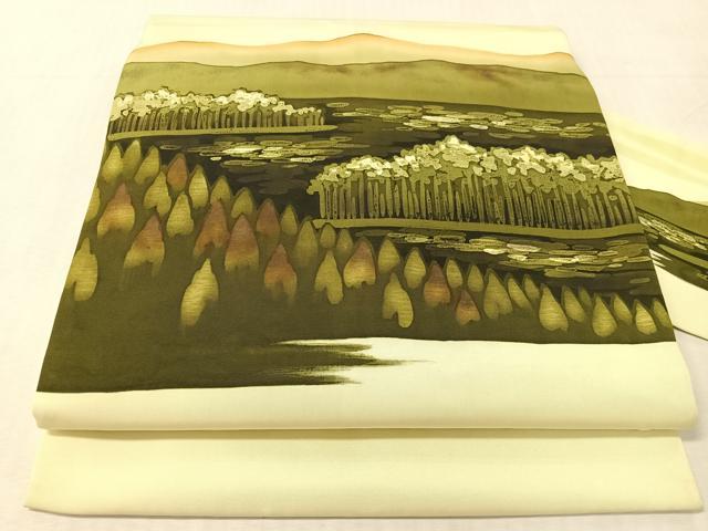 平和屋着物●塩瀬　九寸名古屋帯　ろうけつ染め　風景文　正絹　逸品　CABL0355vp