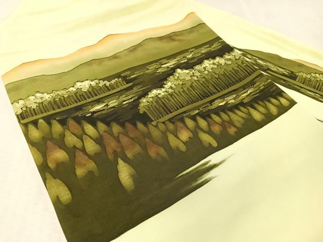平和屋着物●塩瀬　九寸名古屋帯　ろうけつ染め　風景文　正絹　逸品　CABL0355vp