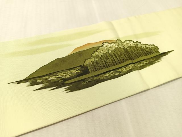 平和屋着物●塩瀬　九寸名古屋帯　ろうけつ染め　風景文　正絹　逸品　CABL0355vp
