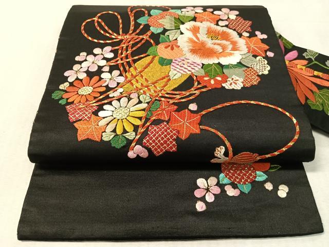 平和屋着物●アンティーク　大正ロマン　総手刺繍　九寸名古屋帯　駒刺繍　束ね花文　黒地　金糸　正絹　逸品　CABL0357vp