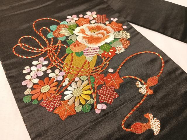 平和屋着物●アンティーク　大正ロマン　総手刺繍　九寸名古屋帯　駒刺繍　束ね花文　黒地　金糸　正絹　逸品　CABL0357vp