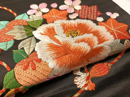 平和屋着物●アンティーク　大正ロマン　総手刺繍　九寸名古屋帯　駒刺繍　束ね花文　黒地　金糸　正絹　逸品　CABL0357vp