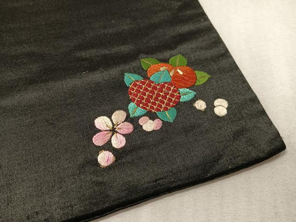 平和屋着物●アンティーク　大正ロマン　総手刺繍　九寸名古屋帯　駒刺繍　束ね花文　黒地　金糸　正絹　逸品　CABL0357vp