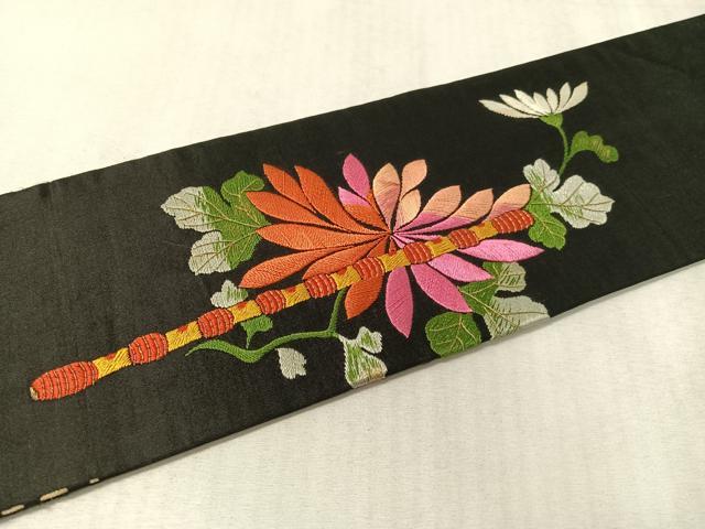平和屋着物●アンティーク　大正ロマン　総手刺繍　九寸名古屋帯　駒刺繍　束ね花文　黒地　金糸　正絹　逸品　CABL0357vp