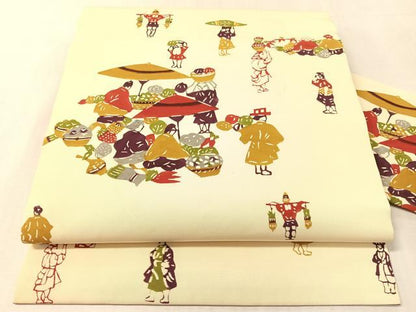 平和屋着物●塩瀬　九寸名古屋帯　作家物　型染め　人物風景文　正絹　逸品　CABL0363vp